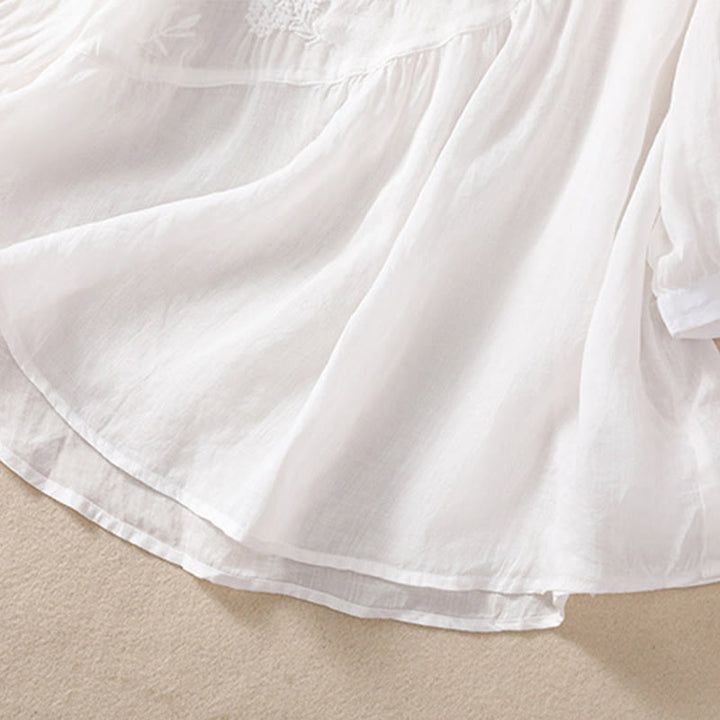 Koszula damska z bawełny i lnu z krótkim rękawem i haftowanym kwiatem Buddha Stones  - image 12