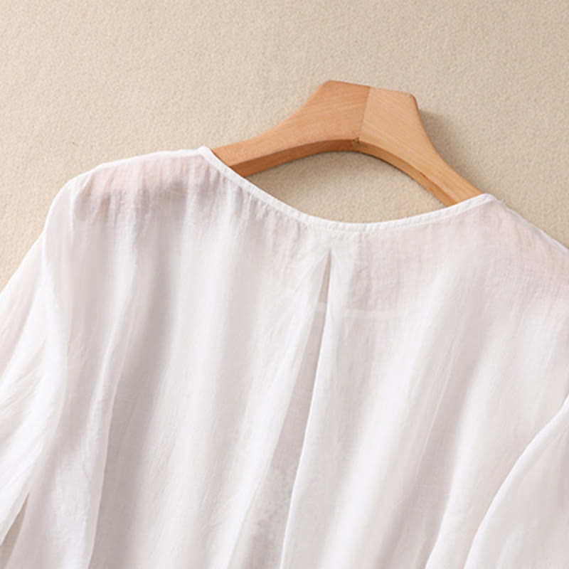 Koszula damska z bawełny i lnu z krótkim rękawem i haftowanym kwiatem Buddha Stones