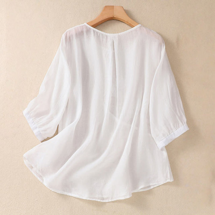 Koszula damska z bawełny i lnu z krótkim rękawem i haftowanym kwiatem Buddha Stones