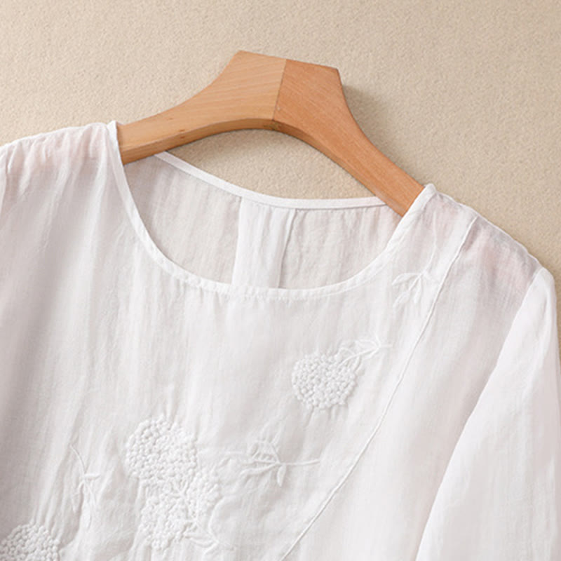 Koszula damska z bawełny i lnu z krótkim rękawem i haftowanym kwiatem Buddha Stones