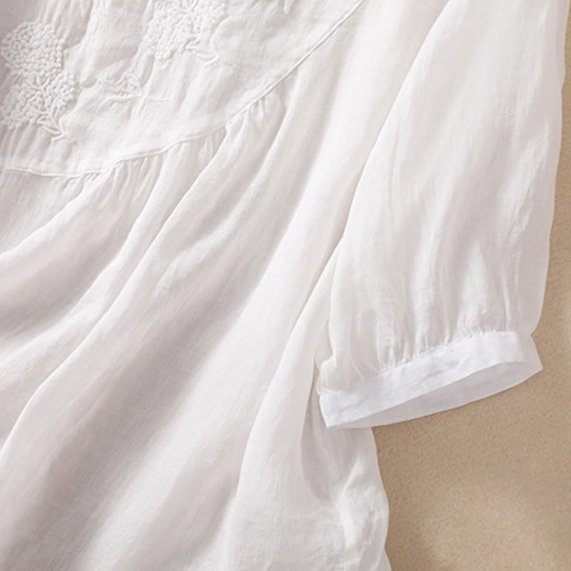 Koszula damska z bawełny i lnu z krótkim rękawem i haftowanym kwiatem Buddha Stones