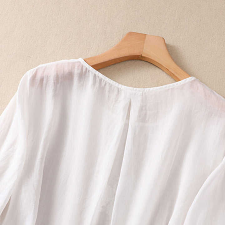 Koszula damska z bawełny i lnu z krótkim rękawem i haftowanym kwiatem Buddha Stones  - image 10