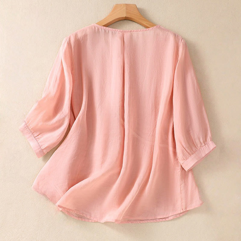 Koszula damska z bawełny i lnu z krótkim rękawem i haftowanym kwiatem Buddha Stones