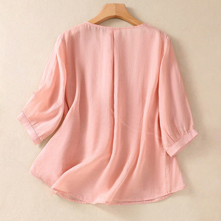 Koszula damska z bawełny i lnu z krótkim rękawem i haftowanym kwiatem Buddha Stones