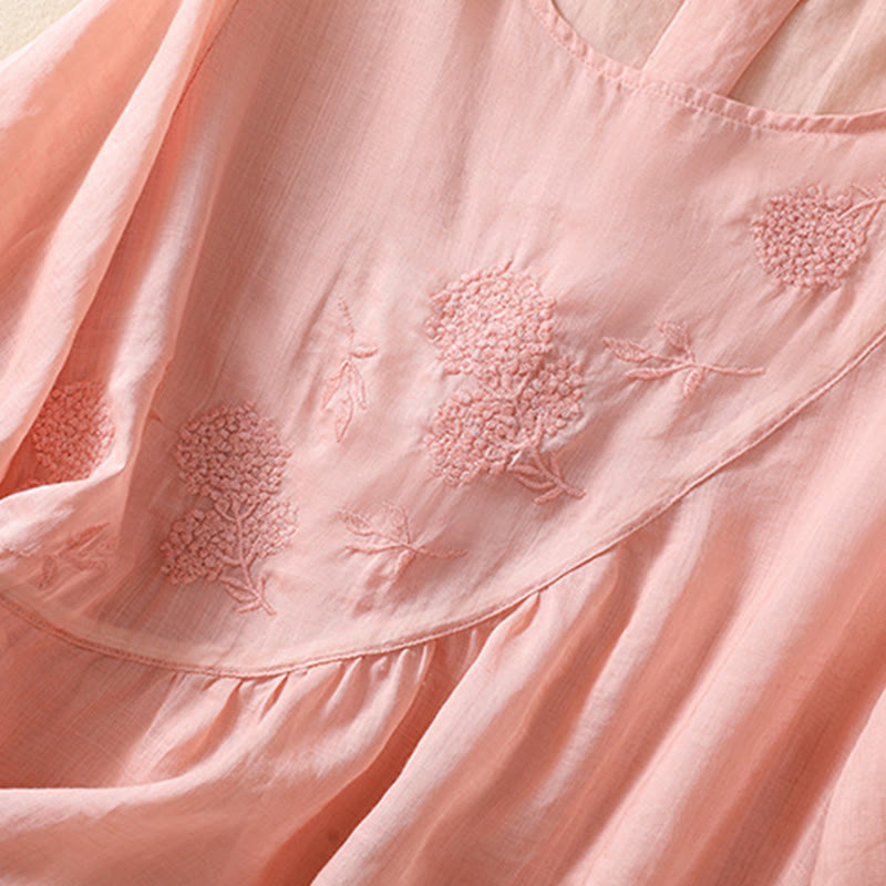 Koszula damska z bawełny i lnu z krótkim rękawem i haftowanym kwiatem Buddha Stones  - image 18