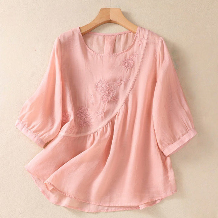 Koszula damska z bawełny i lnu z krótkim rękawem i haftowanym kwiatem Buddha Stones  - Różowy - US8-10，UK/AU12-14，EU40-42 (2XL) - image 14