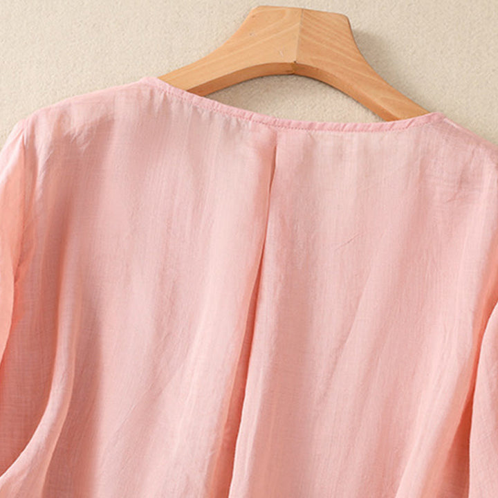 Koszula damska z bawełny i lnu z krótkim rękawem i haftowanym kwiatem Buddha Stones