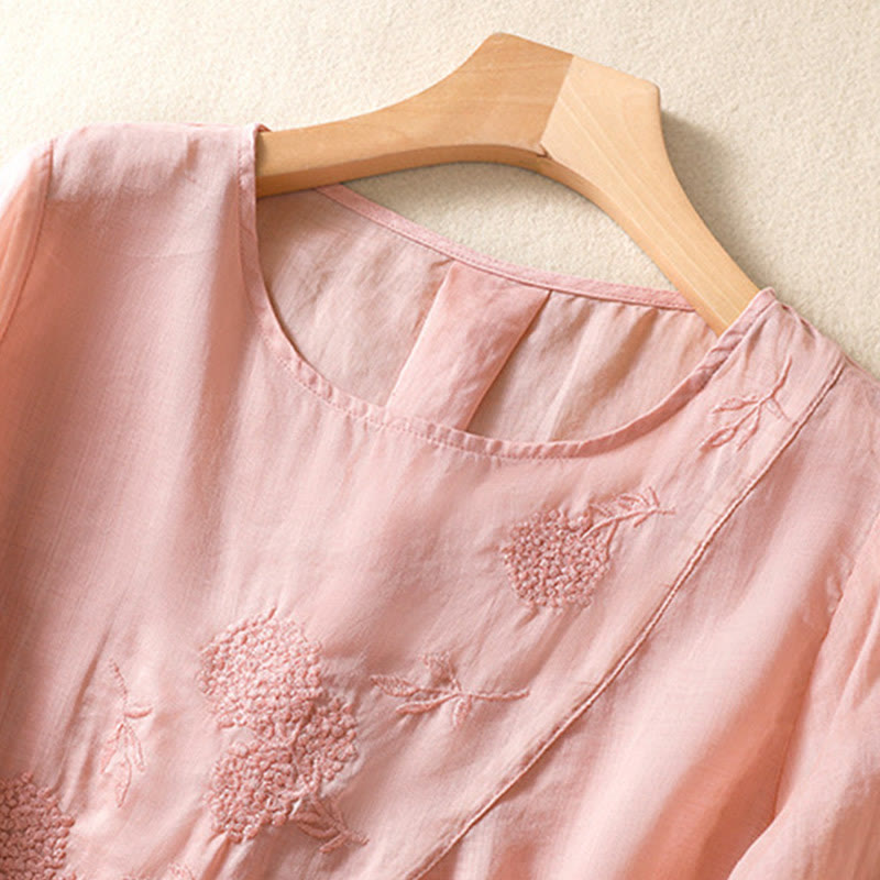 Koszula damska z bawełny i lnu z krótkim rękawem i haftowanym kwiatem Buddha Stones