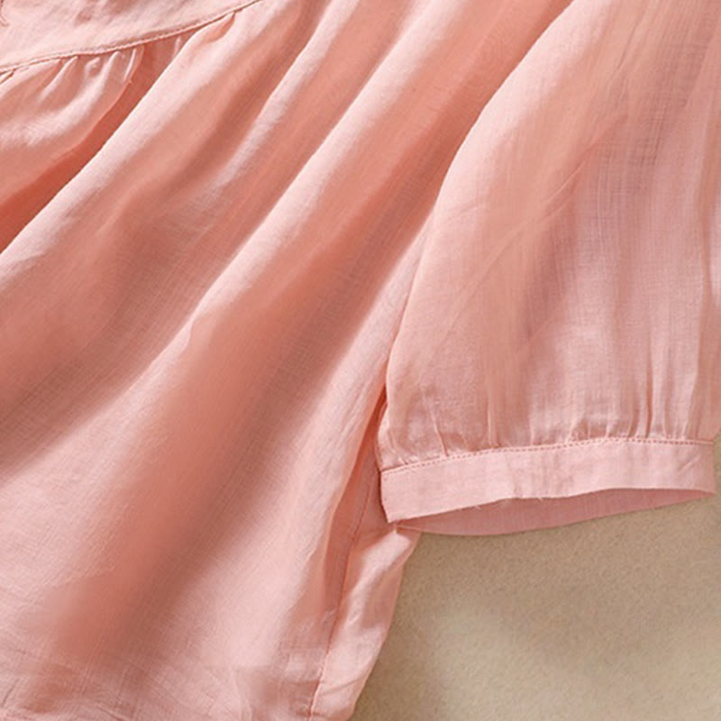 Koszula damska z bawełny i lnu z krótkim rękawem i haftowanym kwiatem Buddha Stones