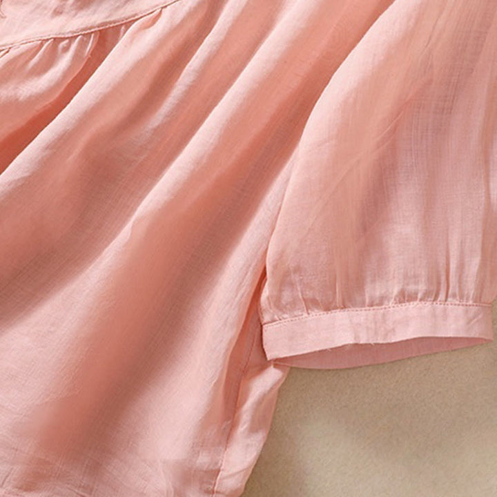 Koszula damska z bawełny i lnu z krótkim rękawem i haftowanym kwiatem Buddha Stones