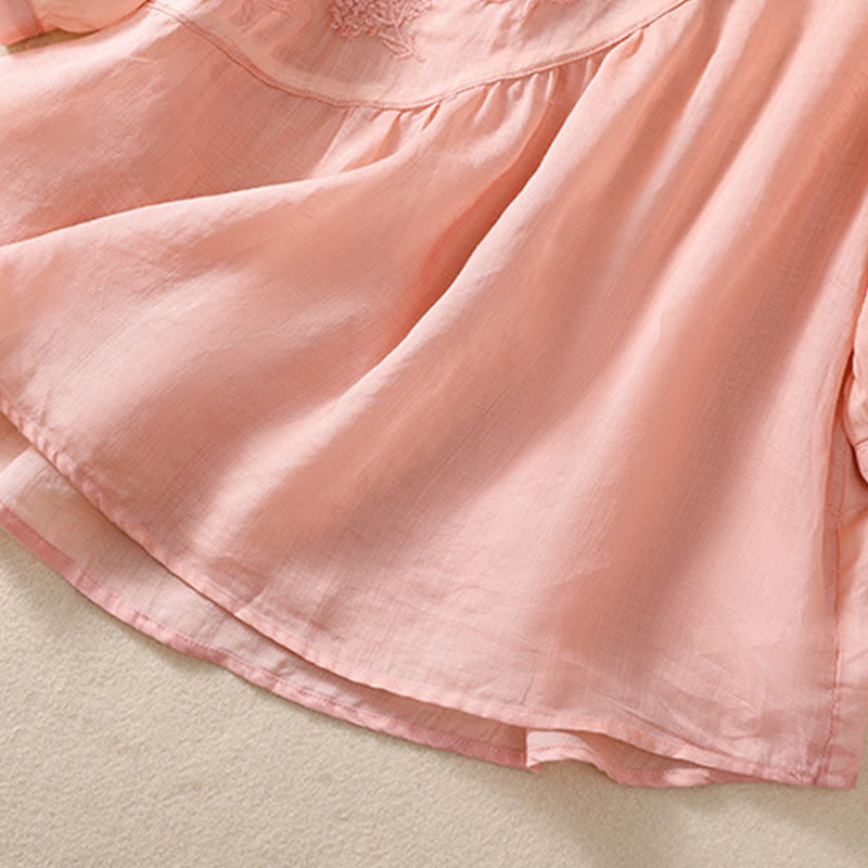 Koszula damska z bawełny i lnu z krótkim rękawem i haftowanym kwiatem Buddha Stones  - image 20