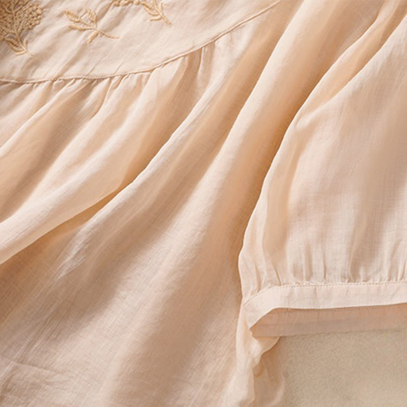 Koszula damska z bawełny i lnu z krótkim rękawem i haftowanym kwiatem Buddha Stones