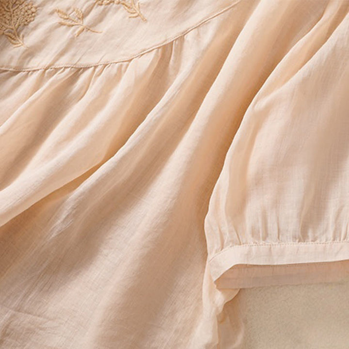 Koszula damska z bawełny i lnu z krótkim rękawem i haftowanym kwiatem Buddha Stones