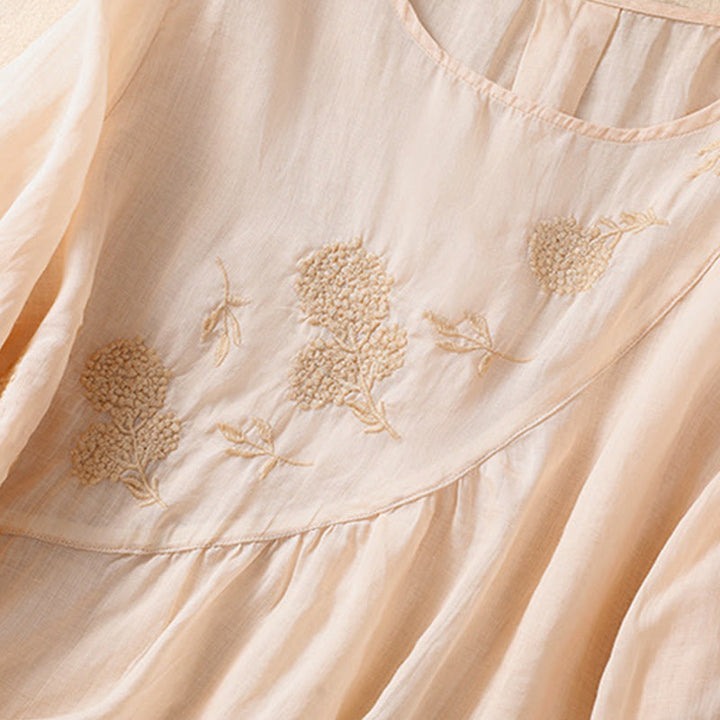 Koszula damska z bawełny i lnu z krótkim rękawem i haftowanym kwiatem Buddha Stones  - image 25