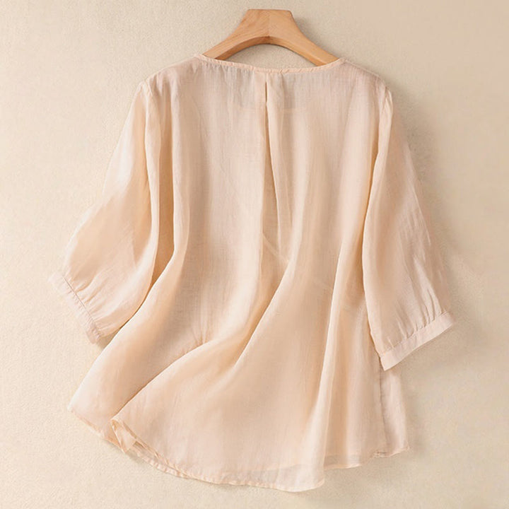 Koszula damska z bawełny i lnu z krótkim rękawem i haftowanym kwiatem Buddha Stones