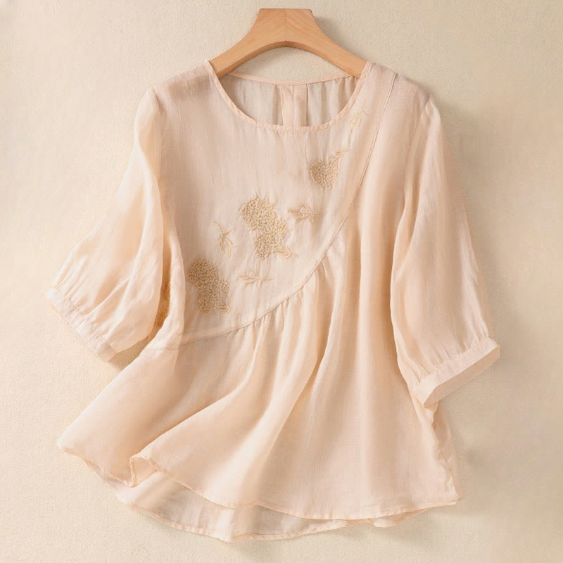 Koszula damska z bawełny i lnu z krótkim rękawem i haftowanym kwiatem Buddha Stones