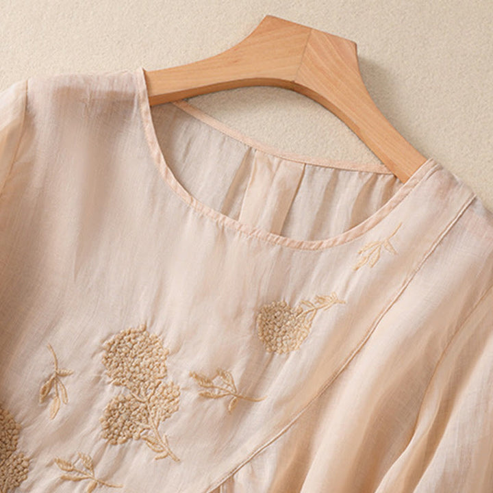 Koszula damska z bawełny i lnu z krótkim rękawem i haftowanym kwiatem Buddha Stones