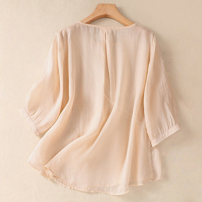 Koszula damska z bawełny i lnu z krótkim rękawem i haftowanym kwiatem Buddha Stones  - image 23