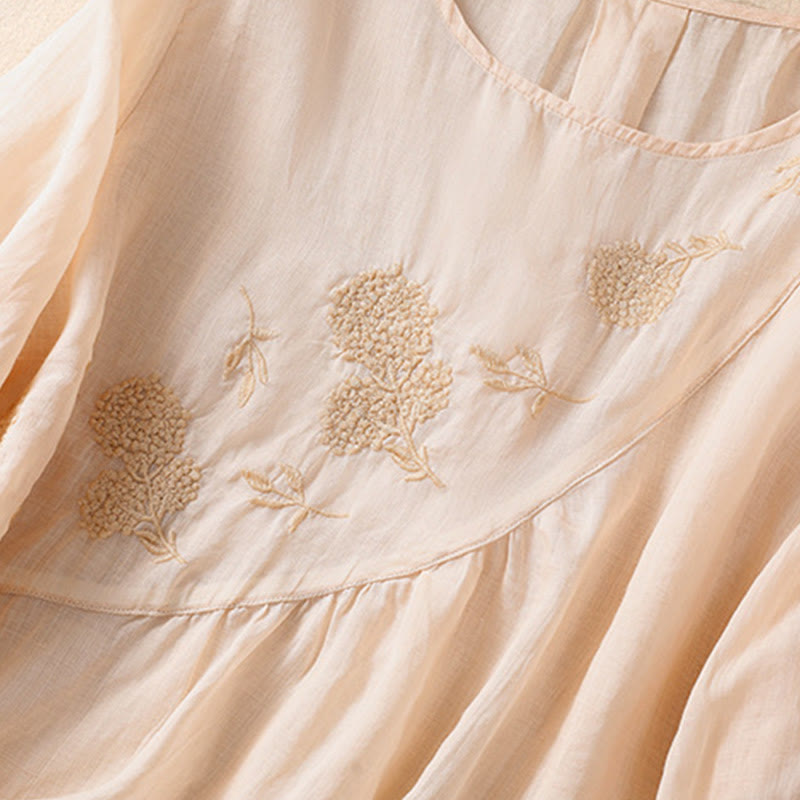 Koszula damska z bawełny i lnu z krótkim rękawem i haftowanym kwiatem Buddha Stones