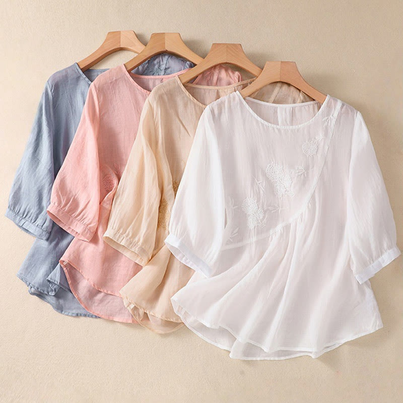 Koszula damska z bawełny i lnu z krótkim rękawem i haftowanym kwiatem Buddha Stones