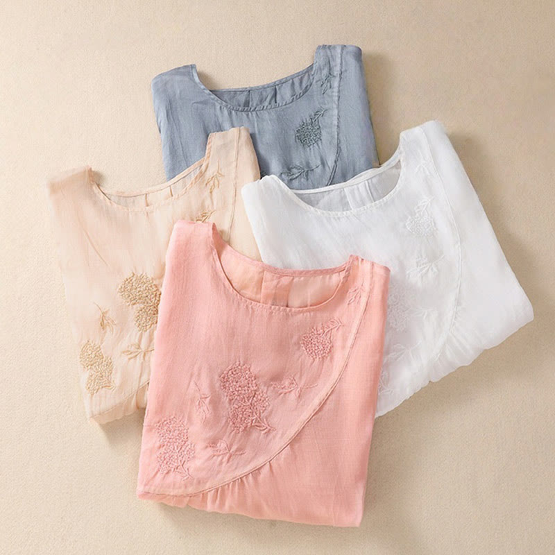 Koszula damska z bawełny i lnu z krótkim rękawem i haftowanym kwiatem Buddha Stones