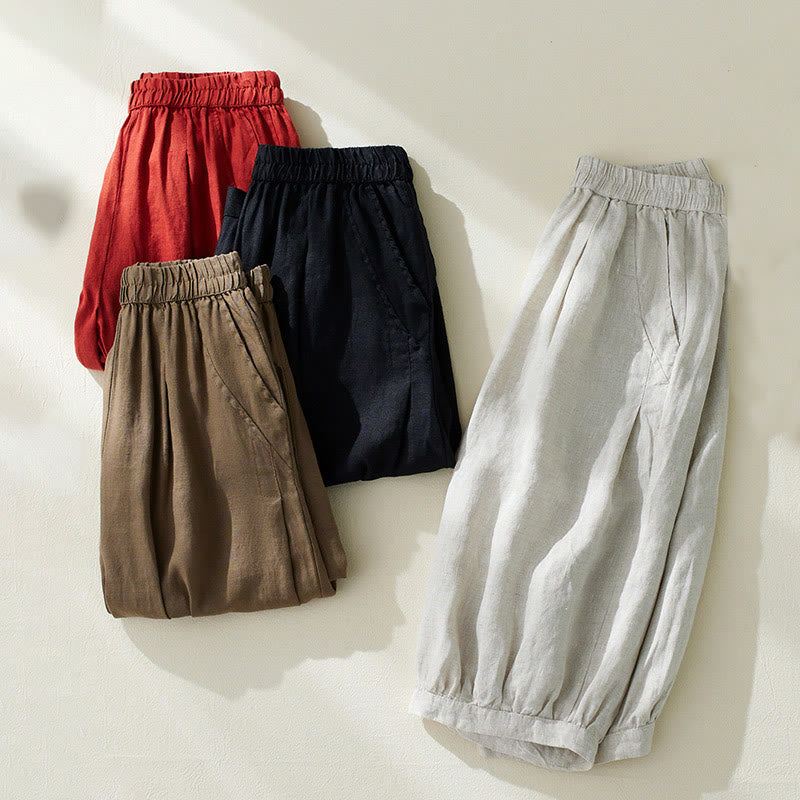 Buddha Stones Commute Pure Color Wysoki stan Damskie bawełniane lniane spodnie haremowe z kieszeniami - image 23