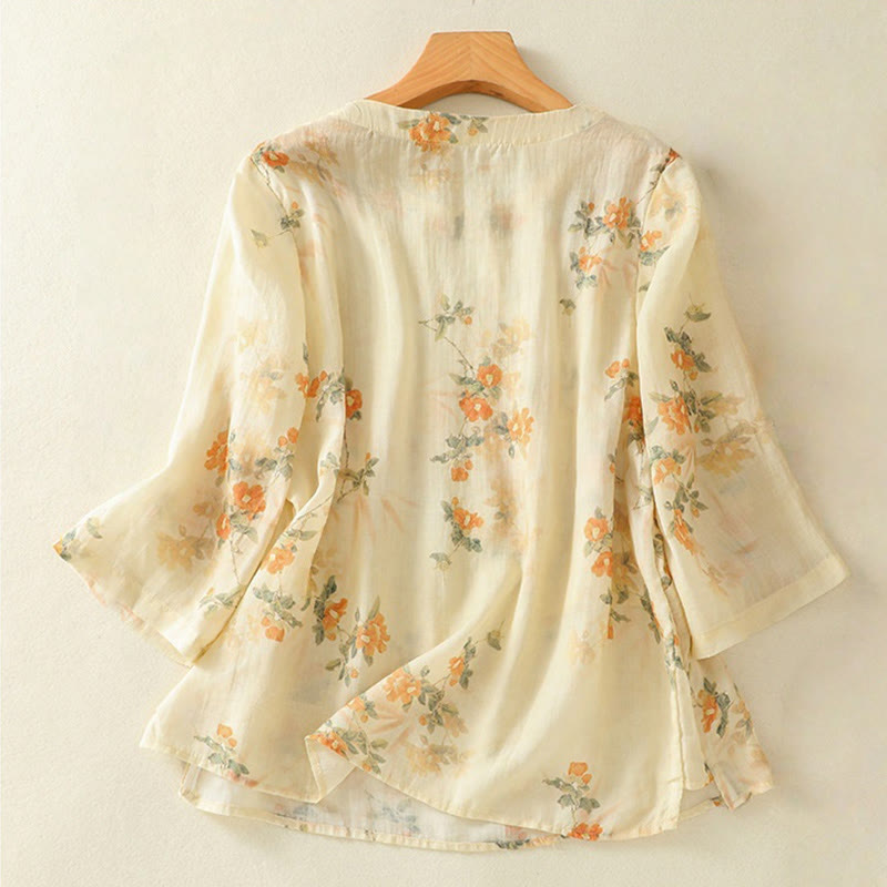 Koszula Buddha Stones z poliestru z nadrukiem roślinnym z okrągłym dekoltem i guzikami w kształcie żaby i rękawami trzy czwarte - image 1