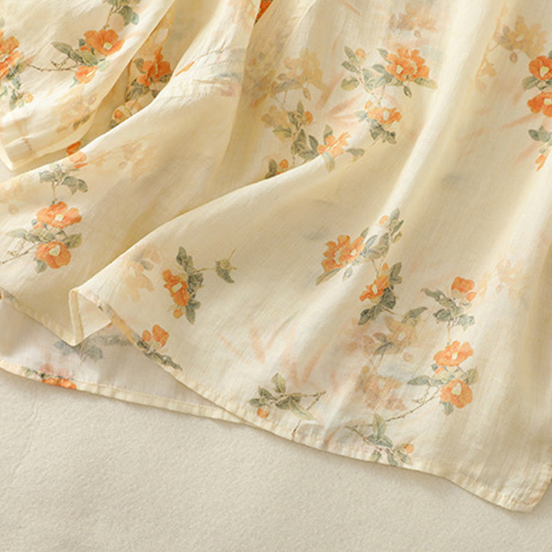 Koszula Buddha Stones z poliestru z nadrukiem roślinnym z okrągłym dekoltem i guzikami w kształcie żaby i rękawami trzy czwarte - image 5