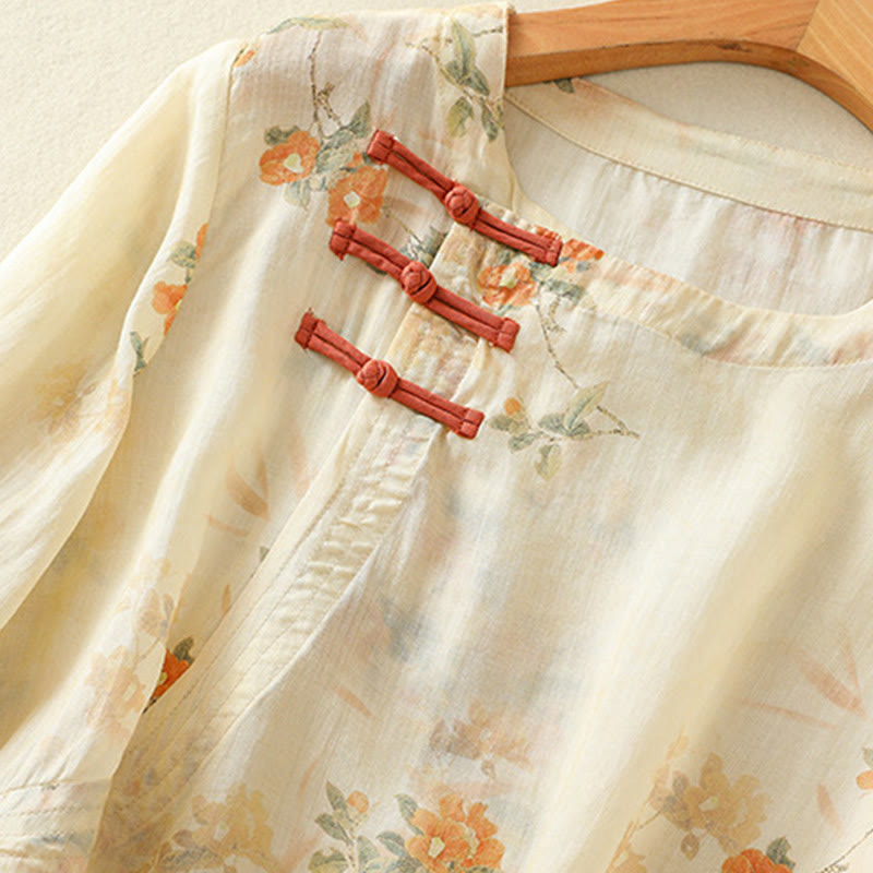 Koszula Buddha Stones z poliestru z nadrukiem roślinnym z okrągłym dekoltem i guzikami w kształcie żaby i rękawami trzy czwarte - image 4