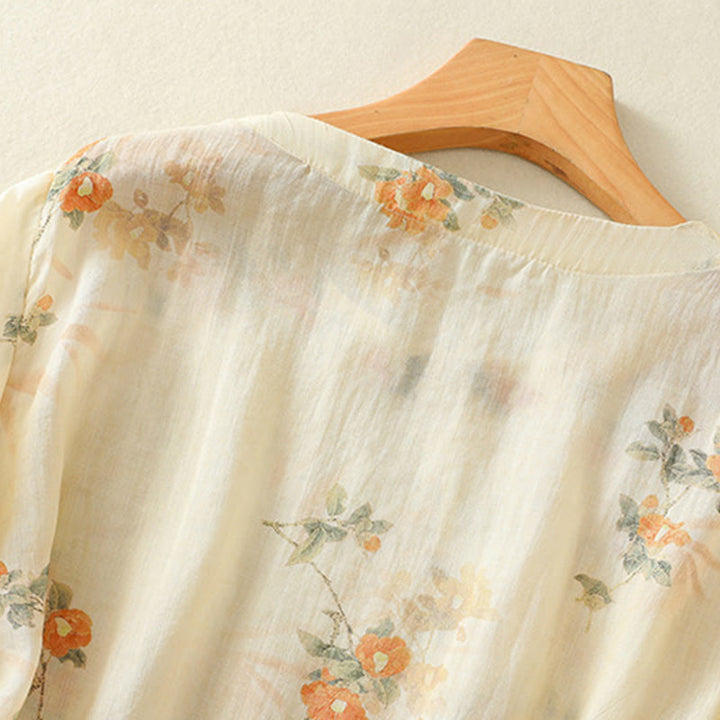 Koszula Buddha Stones z poliestru z nadrukiem roślinnym z okrągłym dekoltem i guzikami w kształcie żaby i rękawami trzy czwarte - image 3