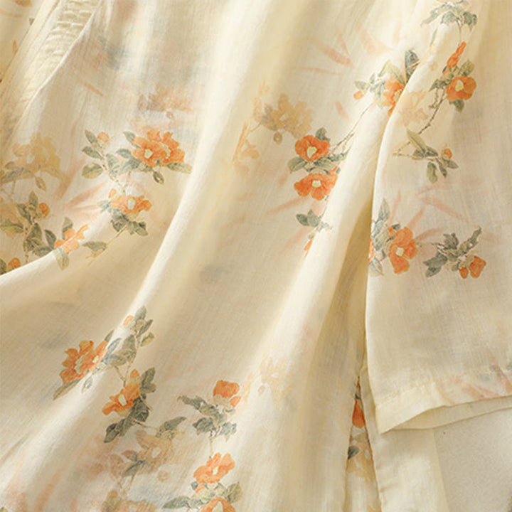 Koszula Buddha Stones z poliestru z nadrukiem roślinnym z okrągłym dekoltem i guzikami w kształcie żaby i rękawami trzy czwarte - image 6