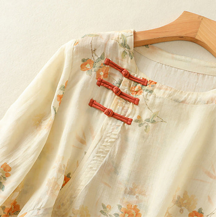 Koszula Buddha Stones z poliestru z nadrukiem roślinnym z okrągłym dekoltem i guzikami w kształcie żaby i rękawami trzy czwarte - image 2