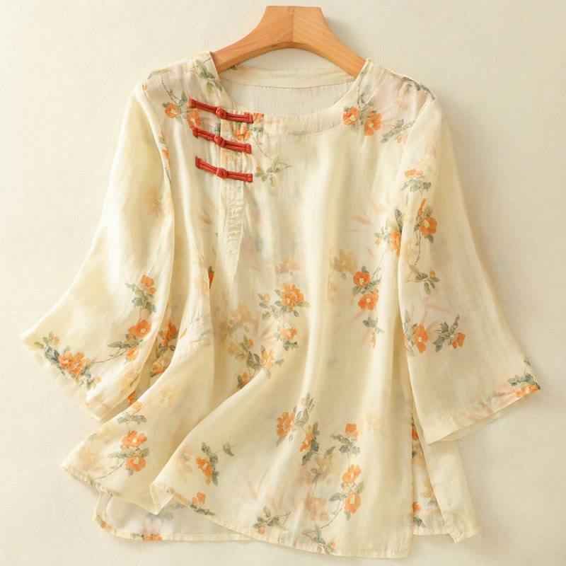 Koszula Buddha Stones z poliestru z nadrukiem roślinnym z okrągłym dekoltem i guzikami w kształcie żaby i rękawami trzy czwarte - Cytrynowe Szyfony - US8-10，UK/AU12-14，EU40-42 (2XL) - image 0