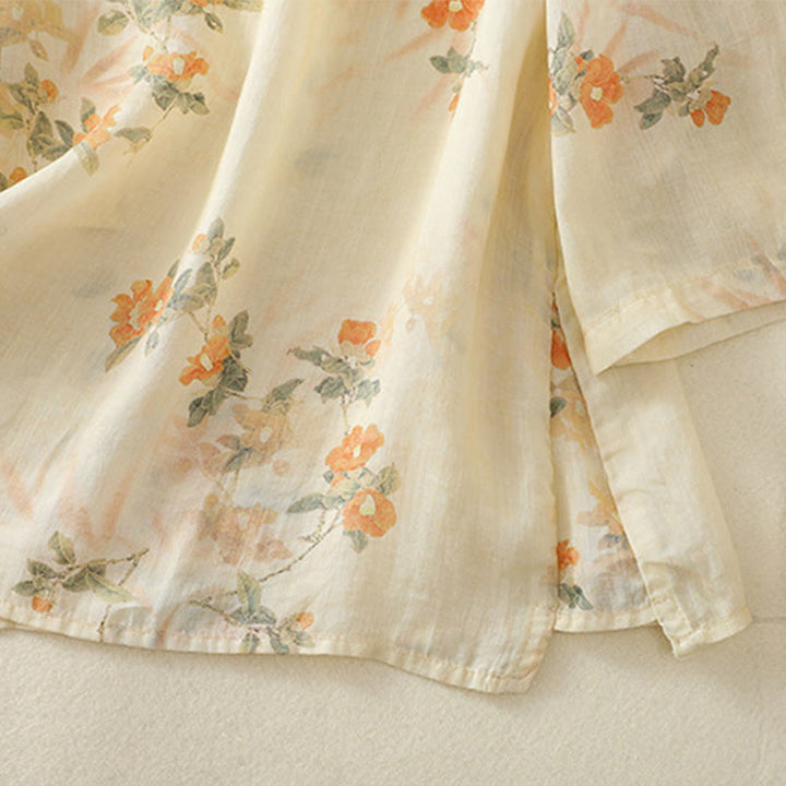 Koszula Buddha Stones z poliestru z nadrukiem roślinnym z okrągłym dekoltem i guzikami w kształcie żaby i rękawami trzy czwarte - image 7