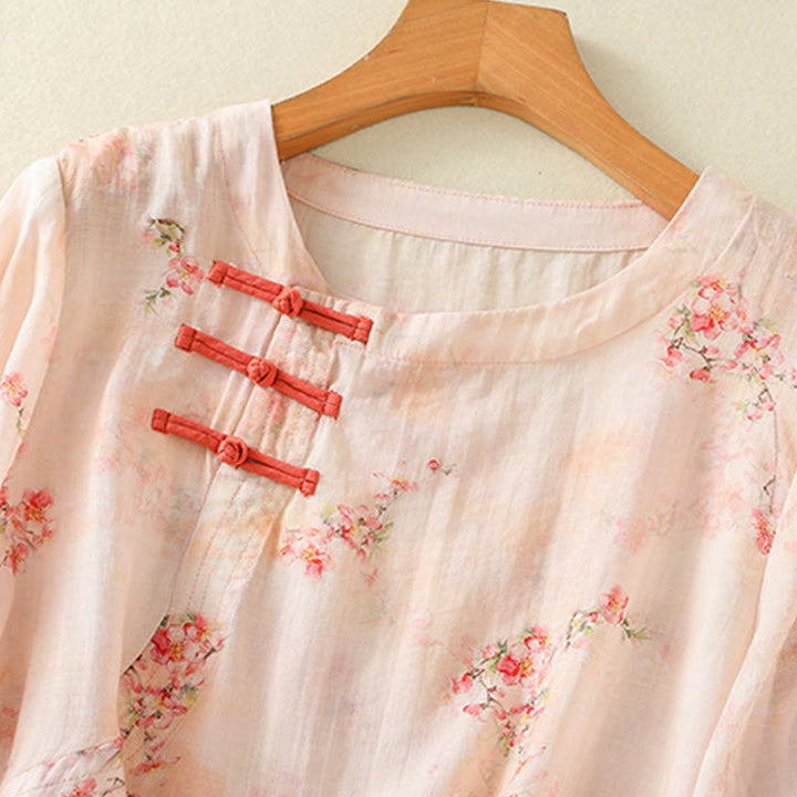 Koszula Buddha Stones z poliestru z nadrukiem roślinnym z okrągłym dekoltem i guzikami w kształcie żaby i rękawami trzy czwarte - image 11