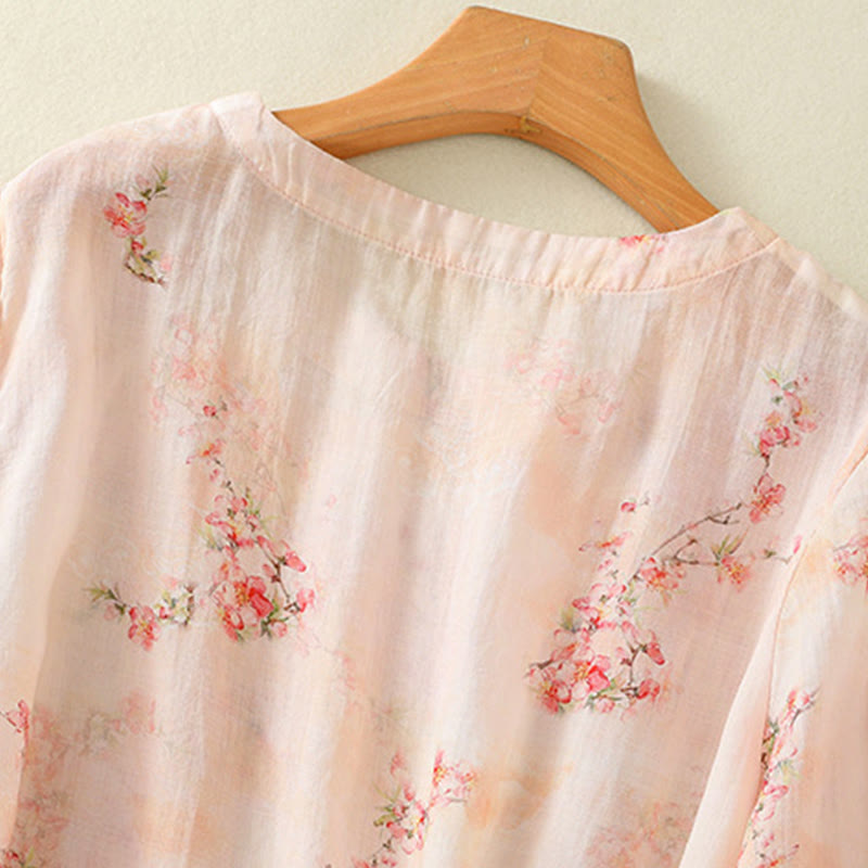 Koszula Buddha Stones z poliestru z nadrukiem roślinnym z okrągłym dekoltem i guzikami w kształcie żaby i rękawami trzy czwarte - image 12