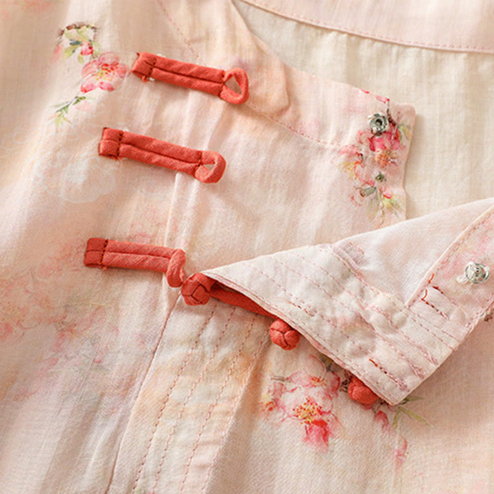 Koszula Buddha Stones z poliestru z nadrukiem roślinnym z okrągłym dekoltem i guzikami w kształcie żaby i rękawami trzy czwarte - image 14