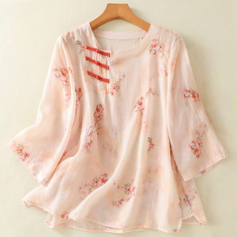 Koszula Buddha Stones z poliestru z nadrukiem roślinnym z okrągłym dekoltem i guzikami w kształcie żaby i rękawami trzy czwarte - MistyRose - US8-10，UK/AU12-14，EU40-42 (2XL) - image 8