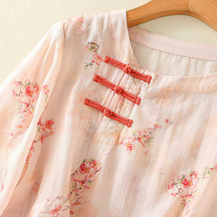 Koszula Buddha Stones z poliestru z nadrukiem roślinnym z okrągłym dekoltem i guzikami w kształcie żaby i rękawami trzy czwarte - image 10