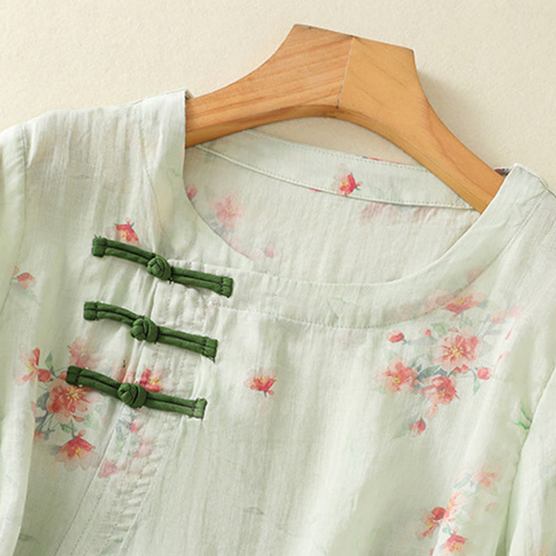 Koszula Buddha Stones z poliestru z nadrukiem roślinnym z okrągłym dekoltem i guzikami w kształcie żaby i rękawami trzy czwarte - image 19