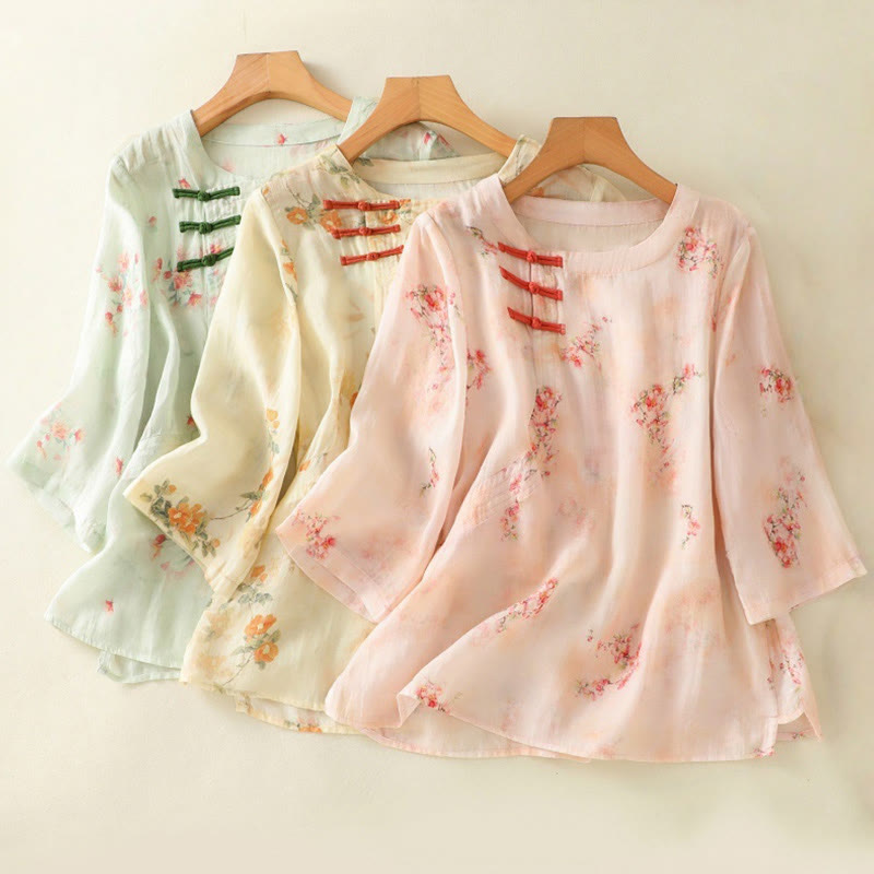 Koszula Buddha Stones z poliestru z nadrukiem roślinnym z okrągłym dekoltem i guzikami w kształcie żaby i rękawami trzy czwarte - image 24