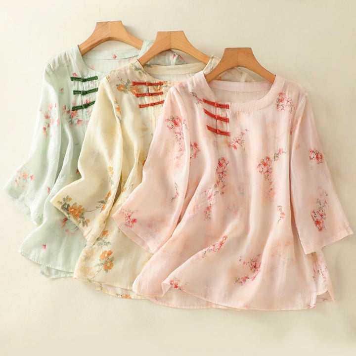 Koszula Buddha Stones z poliestru z nadrukiem roślinnym z okrągłym dekoltem i guzikami w kształcie żaby i rękawami trzy czwarte - image 24