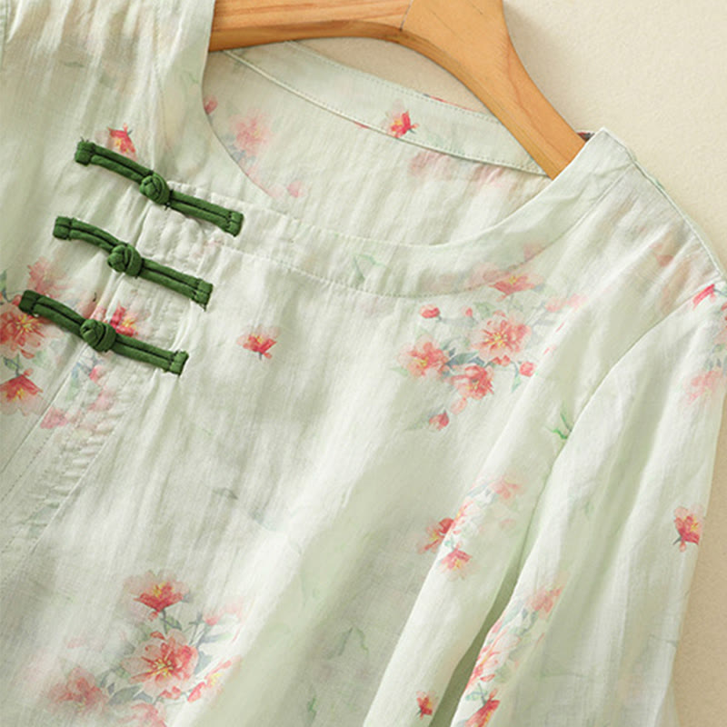 Koszula Buddha Stones z poliestru z nadrukiem roślinnym z okrągłym dekoltem i guzikami w kształcie żaby i rękawami trzy czwarte - image 20