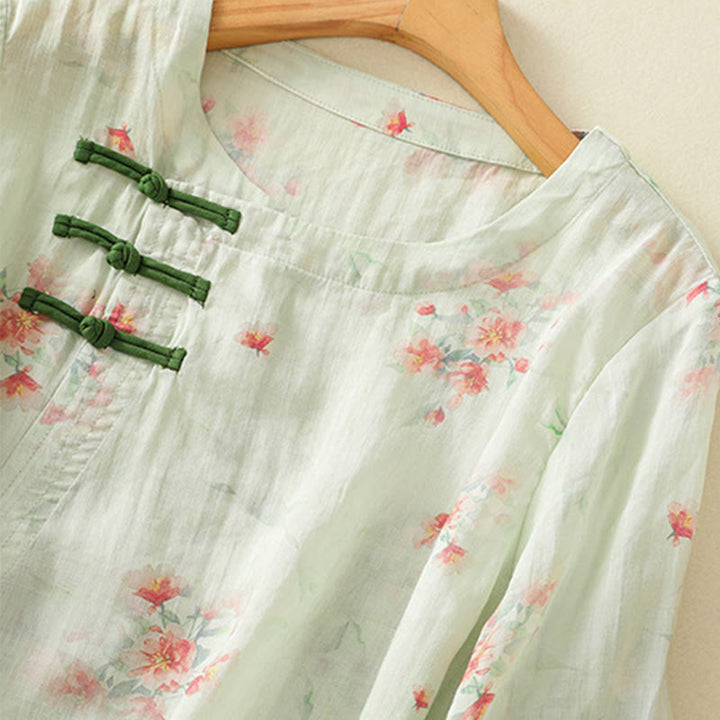 Koszula Buddha Stones z poliestru z nadrukiem roślinnym z okrągłym dekoltem i guzikami w kształcie żaby i rękawami trzy czwarte - image 20