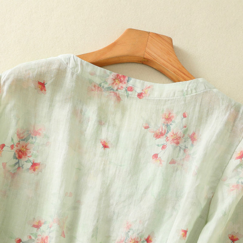 Koszula Buddha Stones z poliestru z nadrukiem roślinnym z okrągłym dekoltem i guzikami w kształcie żaby i rękawami trzy czwarte - image 21