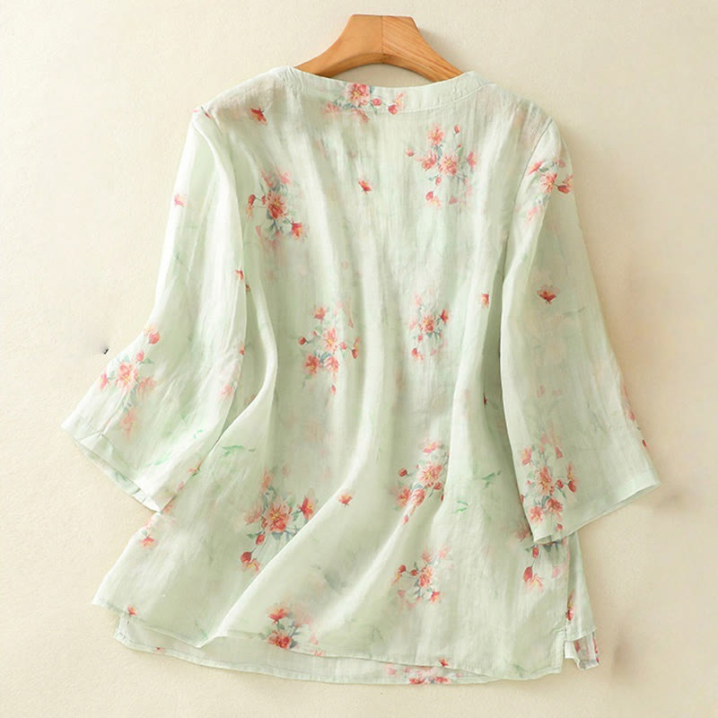 Koszula Buddha Stones z poliestru z nadrukiem roślinnym z okrągłym dekoltem i guzikami w kształcie żaby i rękawami trzy czwarte - image 18