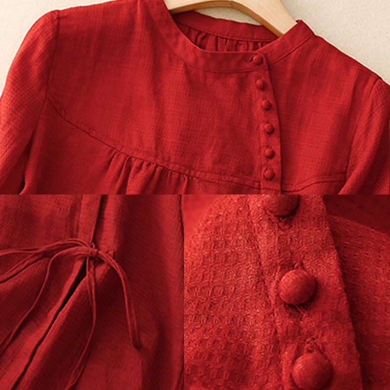 Koszula damska z bawełny i lnu z rękawami trzy czwarte, sznurowana, z Buddha Stones, zapinana na guziki - image 18