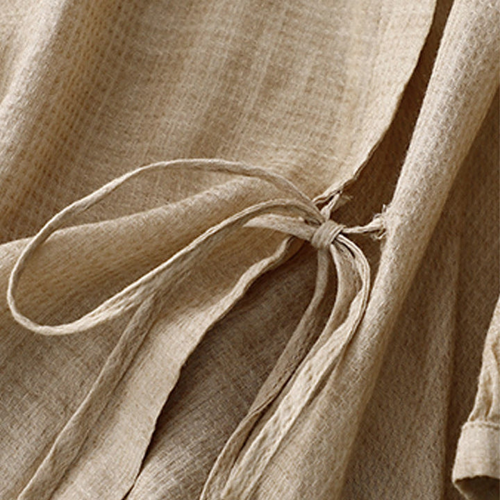 Koszula damska z bawełny i lnu z rękawami trzy czwarte, sznurowana, z Buddha Stones, zapinana na guziki - image 9