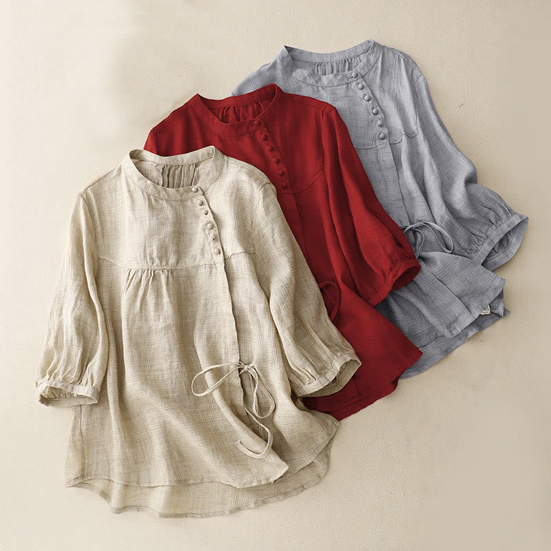 Koszula damska z bawełny i lnu z rękawami trzy czwarte, sznurowana, z Buddha Stones, zapinana na guziki - image 1