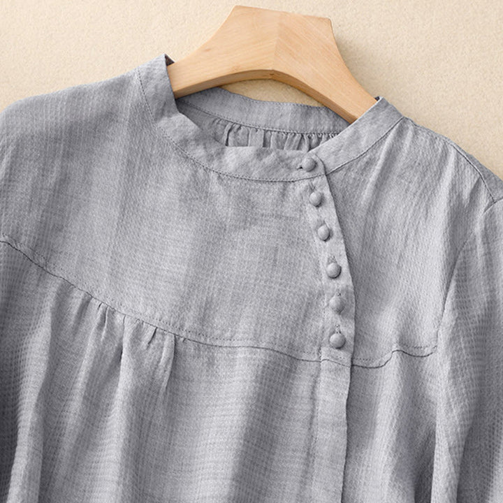 Koszula damska z bawełny i lnu z rękawami trzy czwarte, sznurowana, z Buddha Stones, zapinana na guziki - image 2